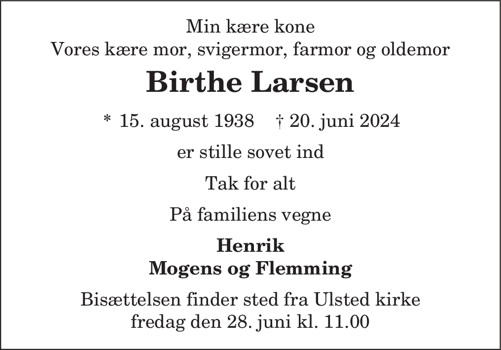 Dødsannonce for Birthe Larsen Nordjyske dk