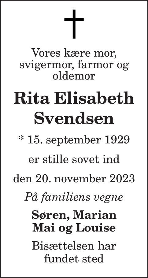 Dødsannonce for Rita E Svendsen Nordjyske dk