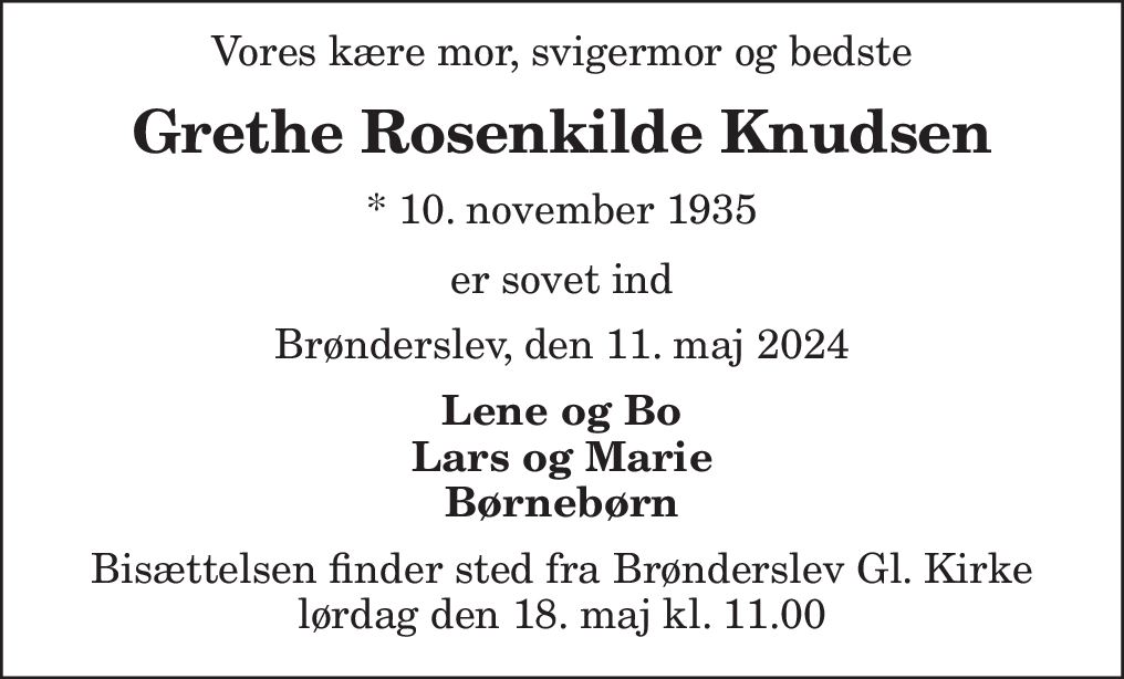 Dødsannonce for Grethe Rosenkilde Knudsen Nordjyske dk