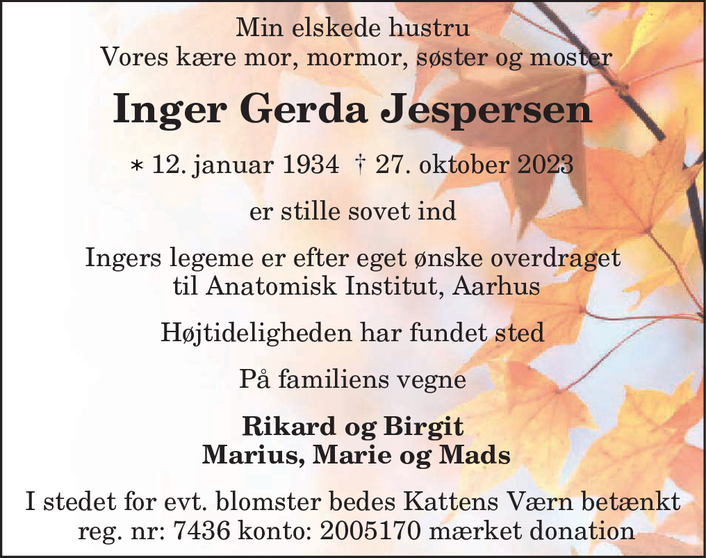 D Dsannonce For Inger Gerda Jespersen Nordjyske Dk