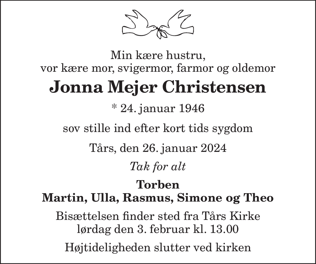 Dødsannonce for Jonna Mejer Christensen Nordjyske dk