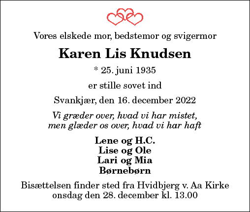 Dødsannonce For Karen Lis Knudsen Nordjyskedk