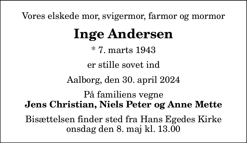 Dødsannonce for Inge Andersen | Nordjyske.dk