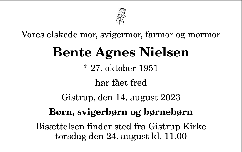 Dødsannonce for Bente Agnes Nielsen | Nordjyske.dk