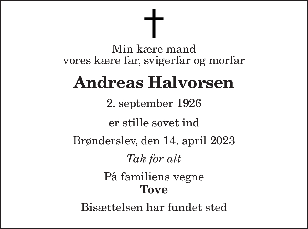 Dødsannonce for Andreas Halvorsen | Nordjyske.dk