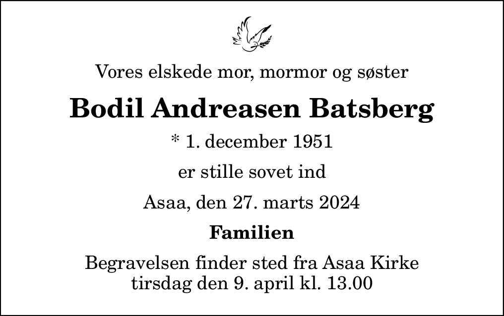 Dødsannonce For Bodil Andreasen Batsberg 