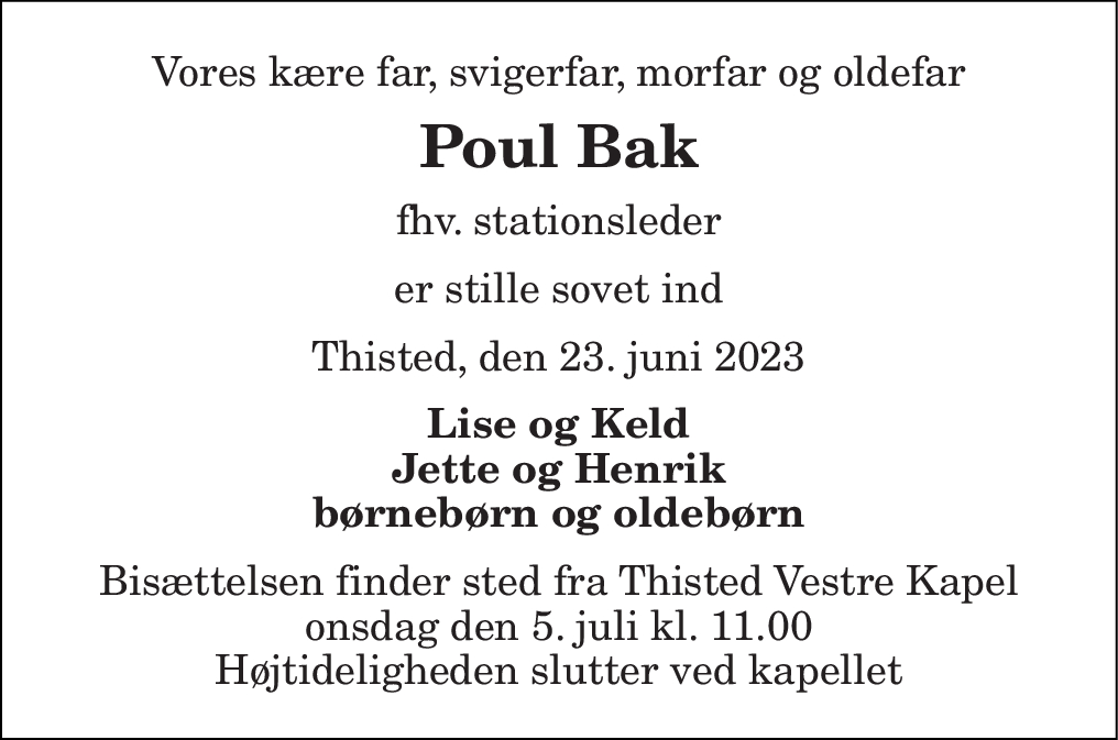 Dødsannonce for Poul Bak | Nordjyske.dk