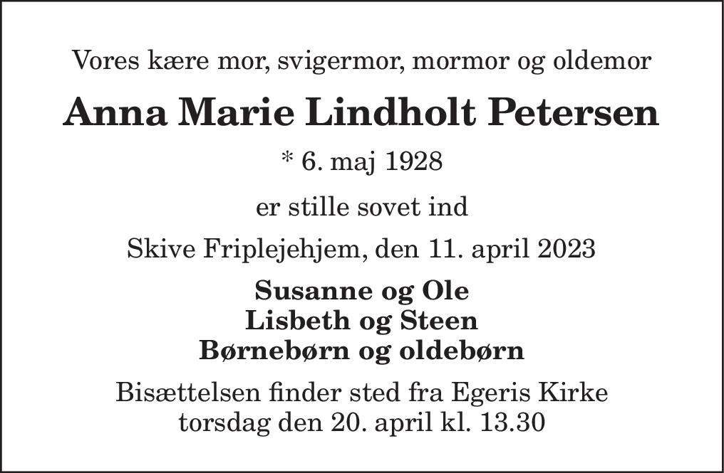 Dødsannonce for Anna Marie Lindholt Petersen | Nordjyske.dk