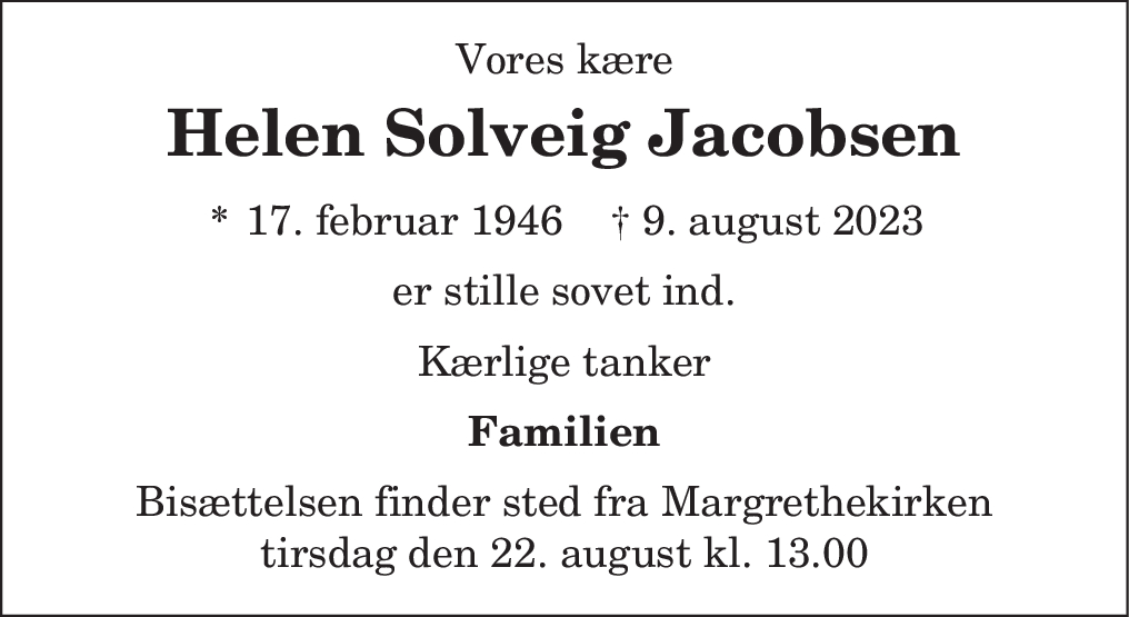Dødsannonce for Helen Solveig Jacobsen Nordjyske.dk