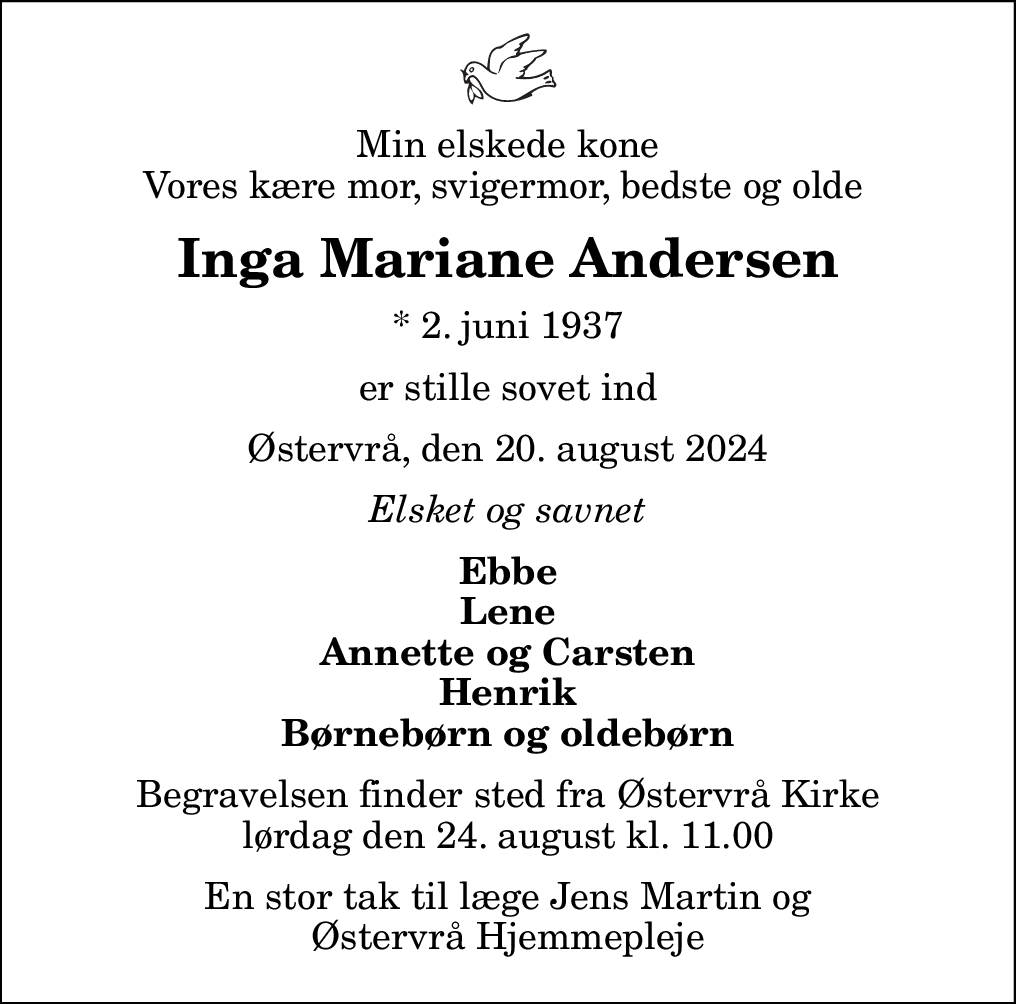 Dødsannonce for Inga Mariane Andersen | Nordjyske.dk