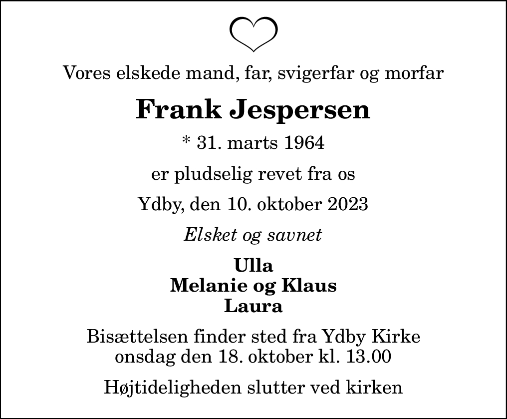 Dødsannonce for Frank Jespersen | Nordjyske.dk