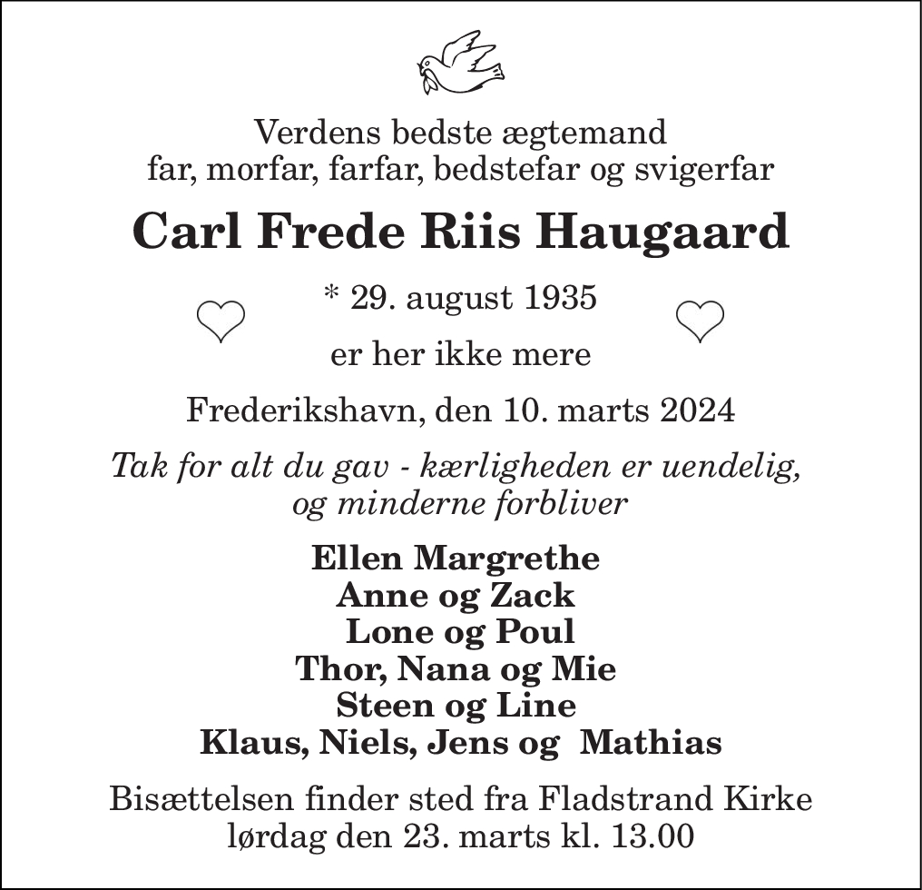 Dødsannonce for Carl Frede Riis Haugaard | Nordjyske.dk