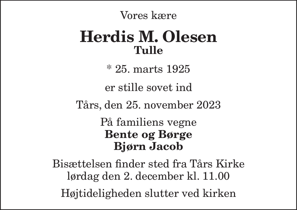 Dødsannonce For Herdis M. Olesen | Nordjyske.dk