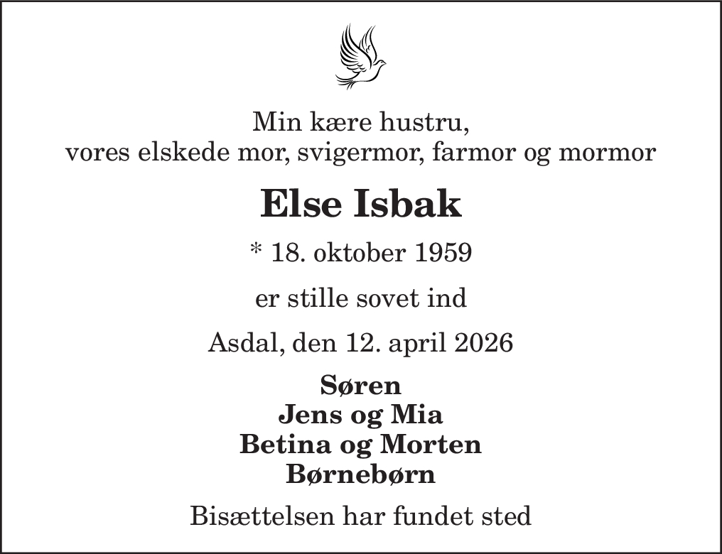 Dødsannonce for Else Isbak | Nordjyske.dk