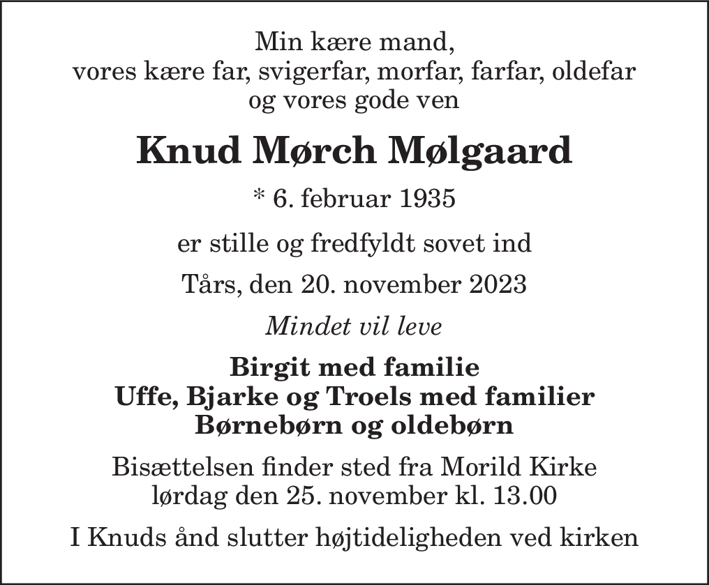 Dødsannonce for Knud Mørch Mølgaard Nordjyske.dk