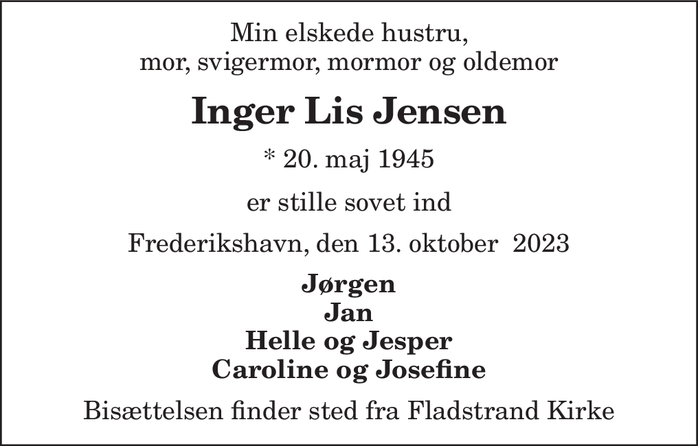 Dødsannonce for Inger Lis Jensen | Nordjyske.dk