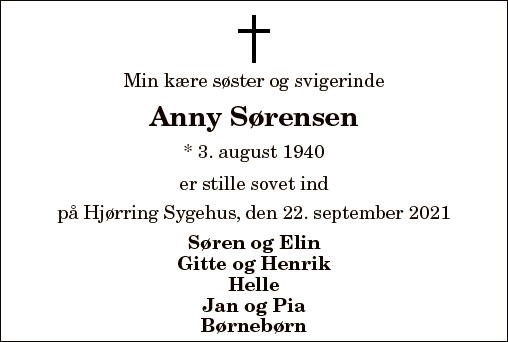 Dødsannonce for Anny Sørensen | Nordjyske.dk