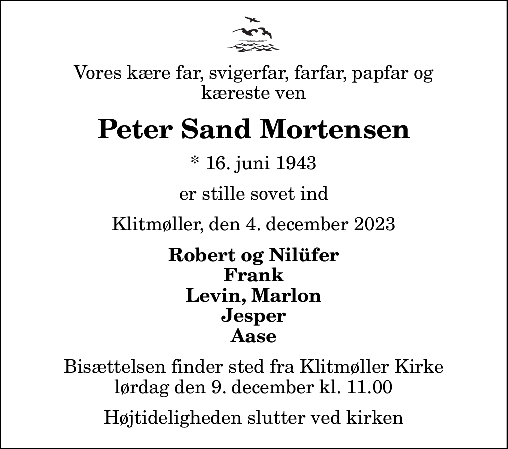 Dødsannonce for Peter Sand Mortensen | Nordjyske.dk