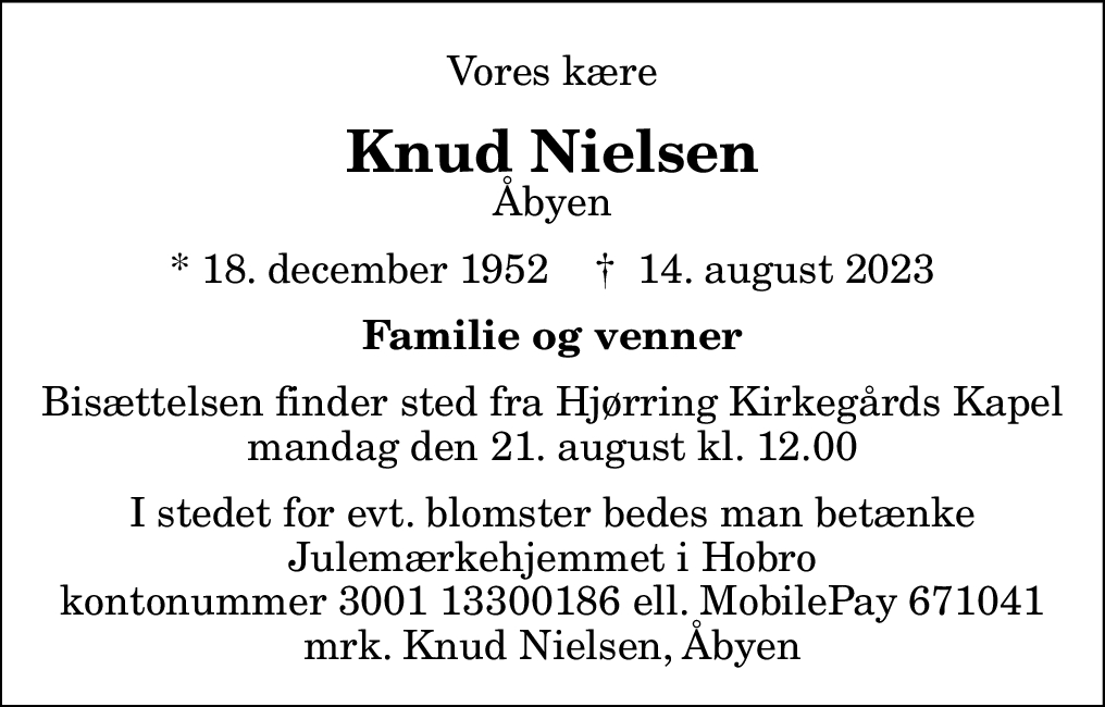 Dødsannonce For Knud Nielsen | Nordjyske.dk