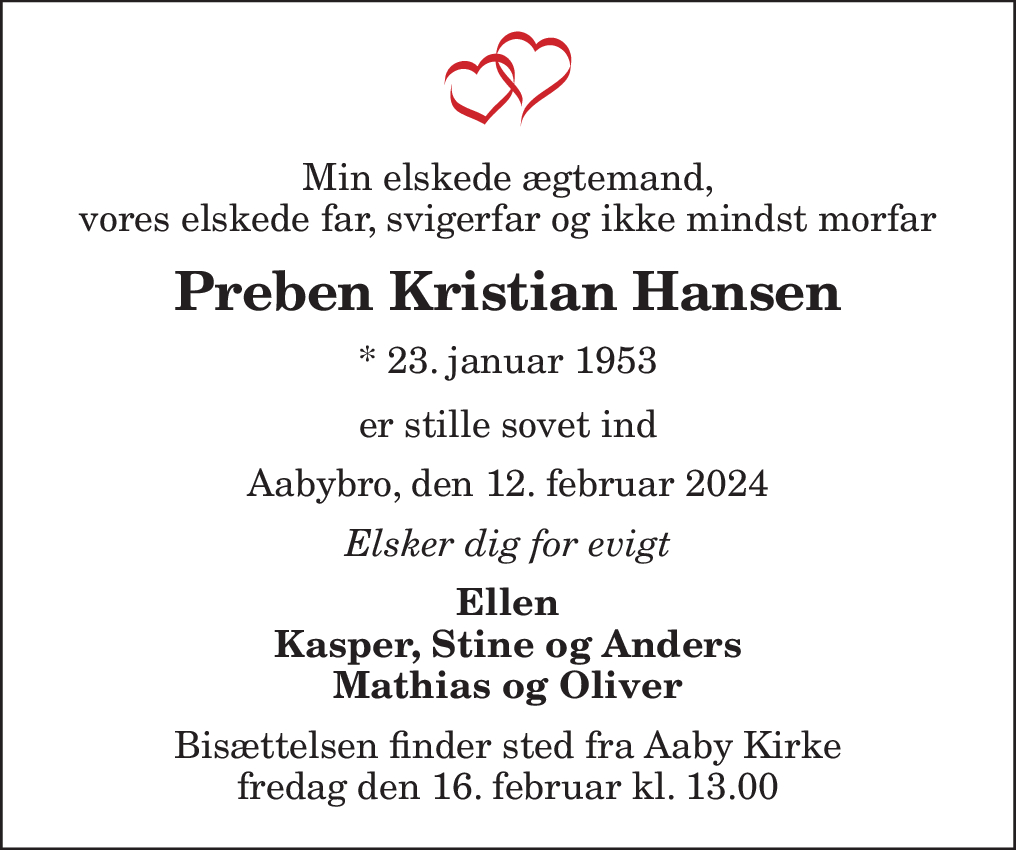 Preben Text Dødsannonce for Preben Kristian Hansen | Nordjyske.dk