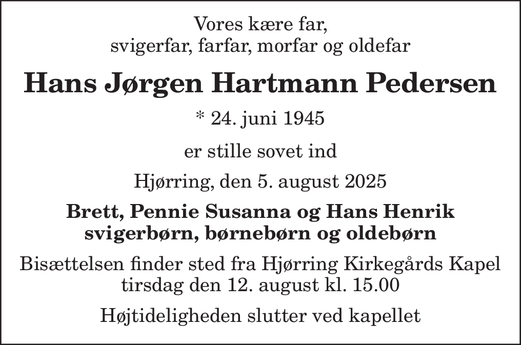Dødsannonce for Hans Jørgen Hartmann Pedersen | Nordjyske.dk