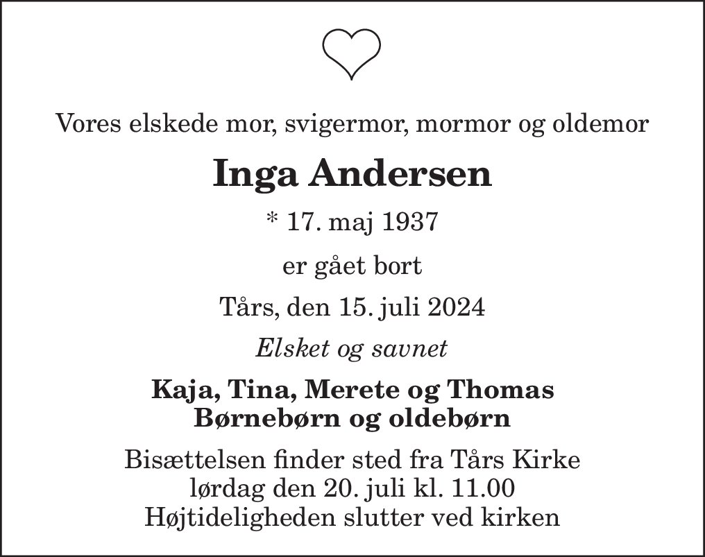 Dødsannonce for Inga Andersen | Nordjyske.dk